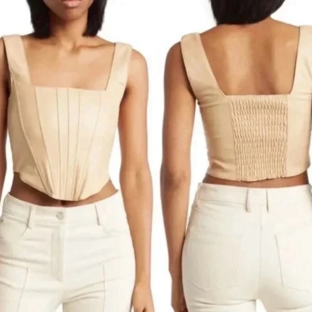 7 For All Mankind Faux Leather Cream Tan Corsette Crop Top Blouse Size M - NEW‎